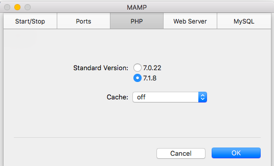See which version of PHP you're using with the MAMP settings screen